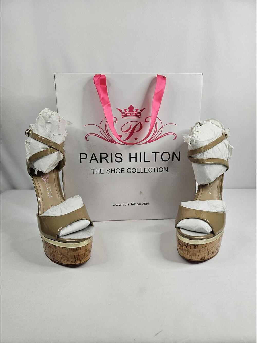 Paris Hilton Beige Patent Leather Platform Heels with Cork Wedge Size 7.5 NIB